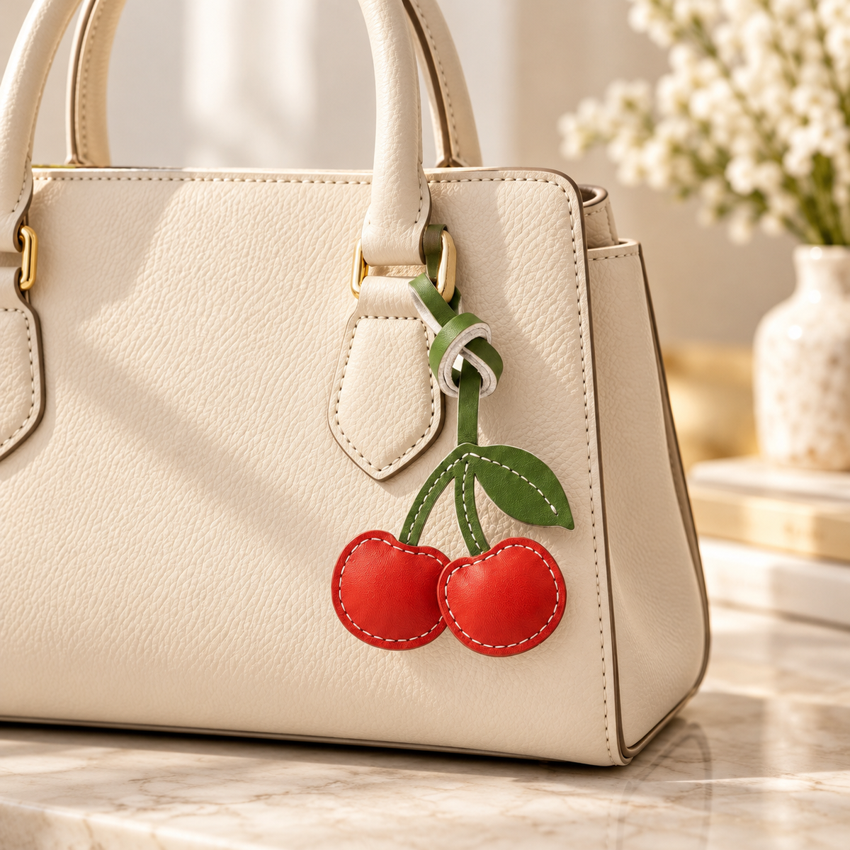 Cherry vegan leather bag charm, handmade by Craftelly