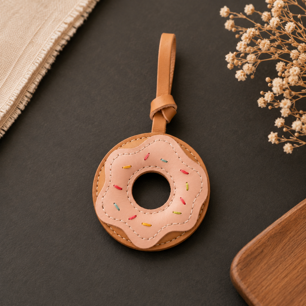 Donut vegan leather bag charm, handmade by Craftelly