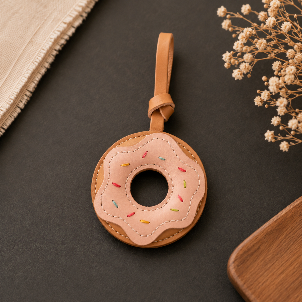 Donut vegan leather bag charm, handmade by Craftelly