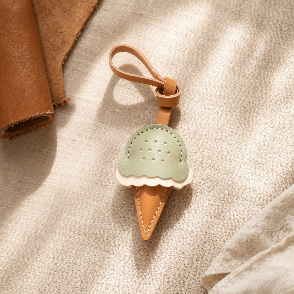 Ice Cream vegan leather bag charm, handmade by Craftelly