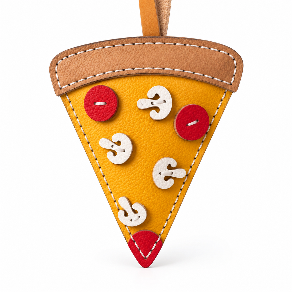 Pizza vegan leather bag charm, handmade by Craftelly