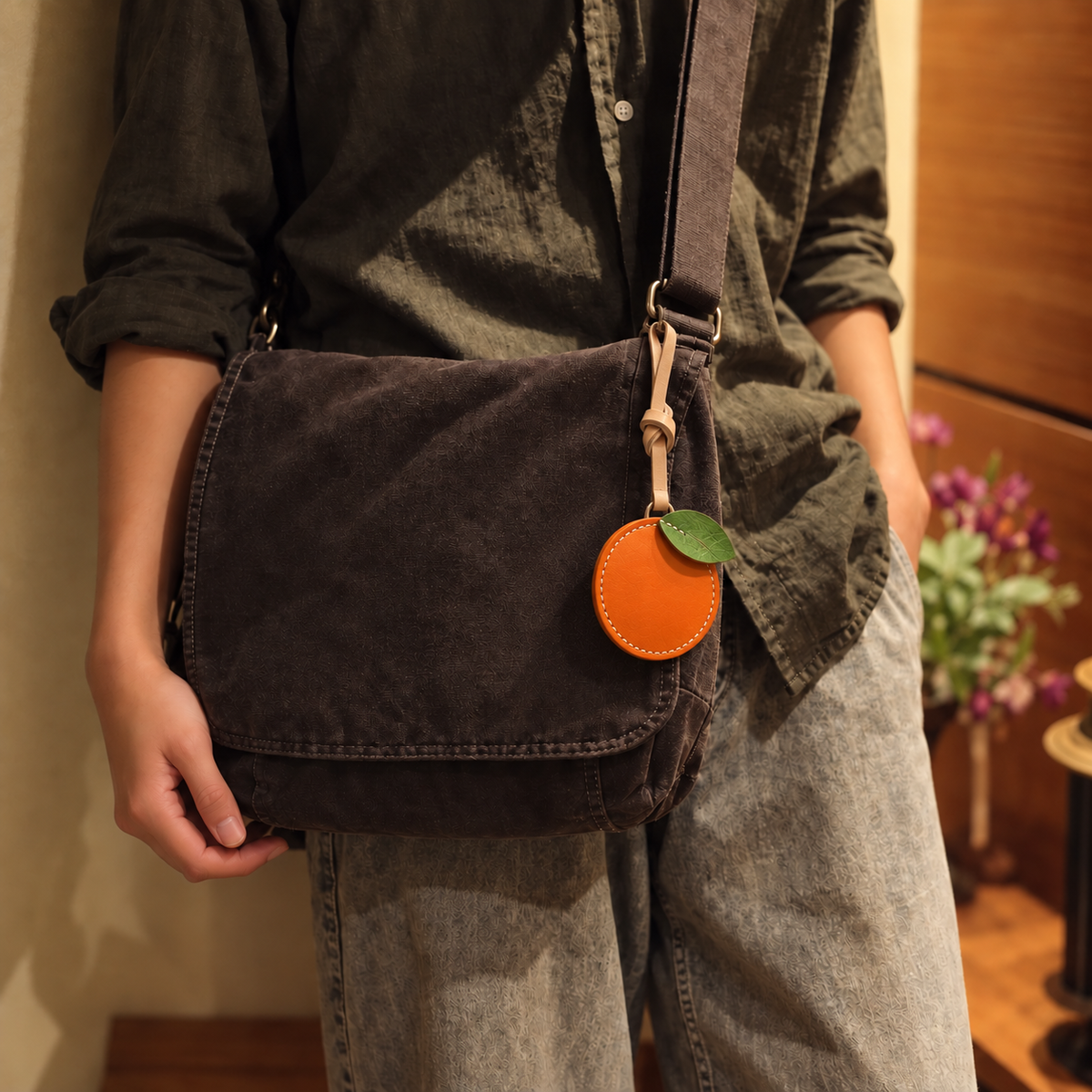 Orange vegan leather bag charm, handmade by Craftelly