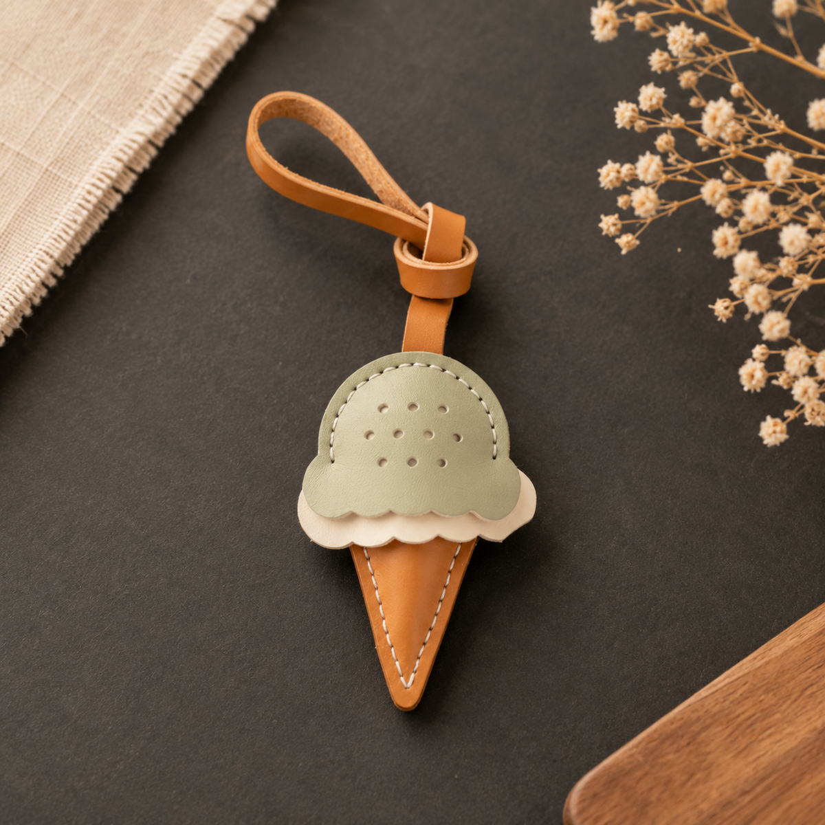Ice Cream vegan leather bag charm, handmade by Craftelly