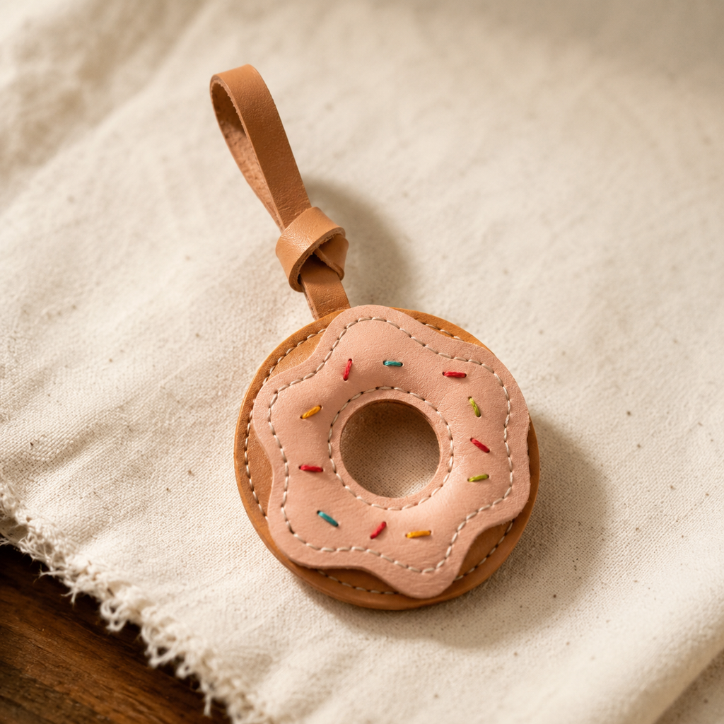 Donut vegan leather bag charm, handmade by Craftelly