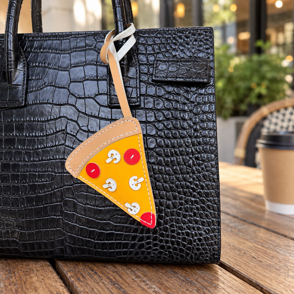 Pizza vegan leather bag charm, handmade by Craftelly
