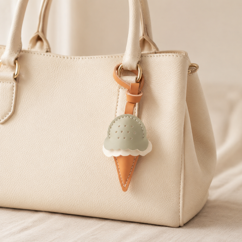 Ice Cream vegan leather bag charm, handmade by Craftelly