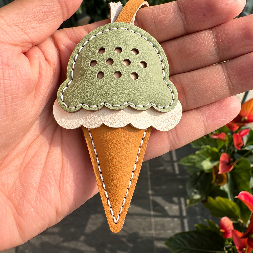 Ice Cream vegan leather bag charm, handmade by Craftelly