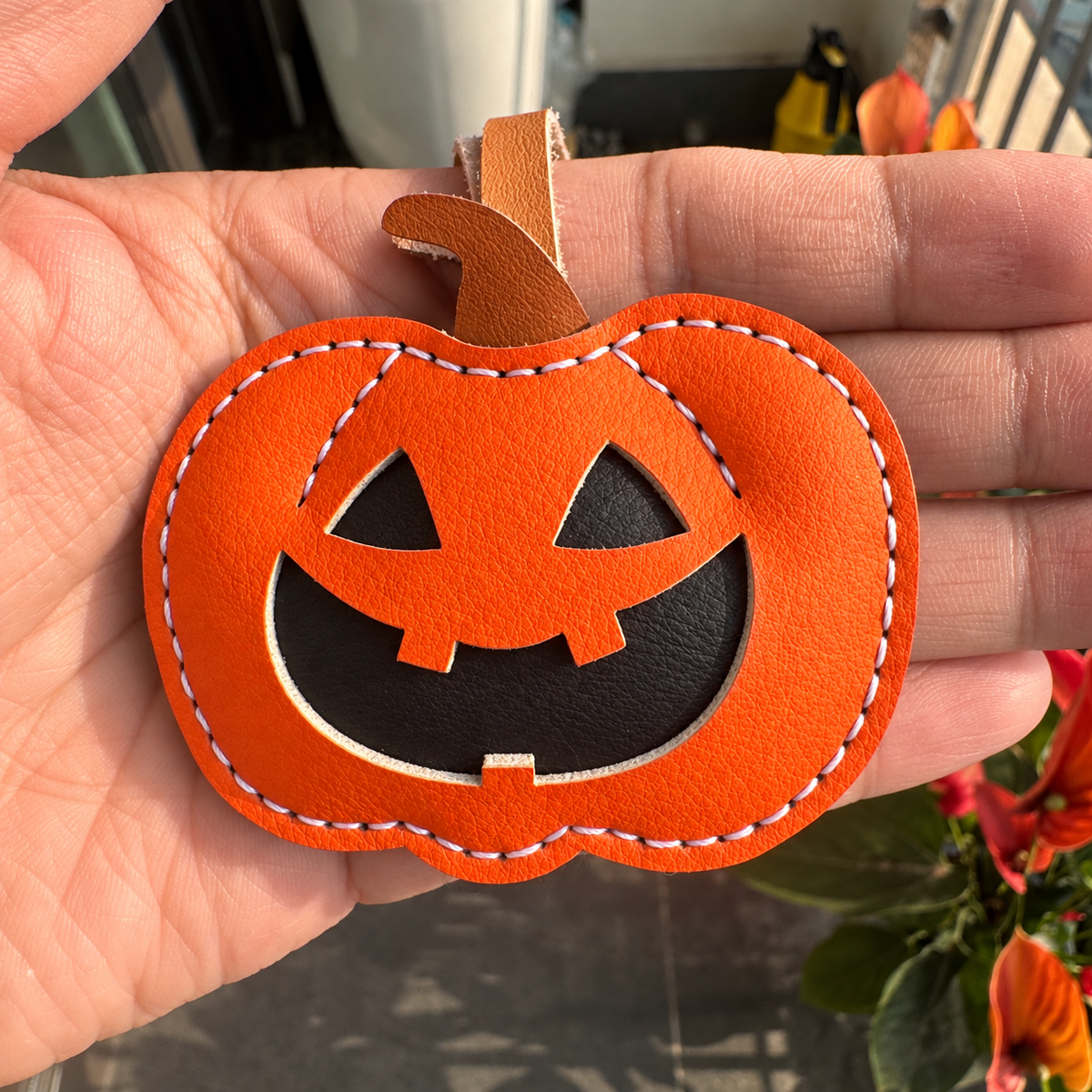 Halloween Pumpkin vegan leather bag charm, handmade by Craftelly