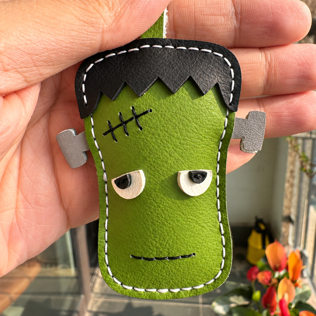 Green Monster Frankenstein vegan leather bag charm, handmade by Craftelly