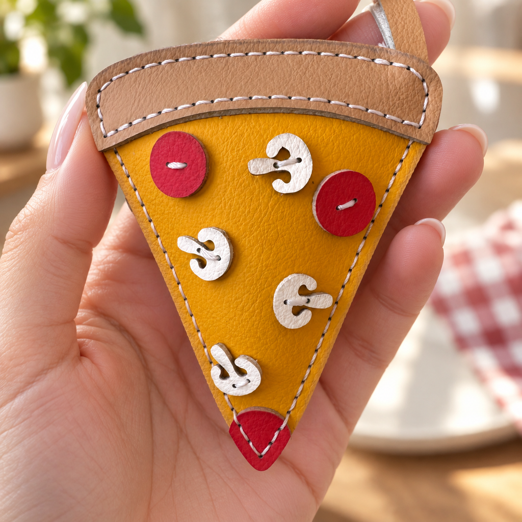 Pizza vegan leather bag charm, handmade by Craftelly