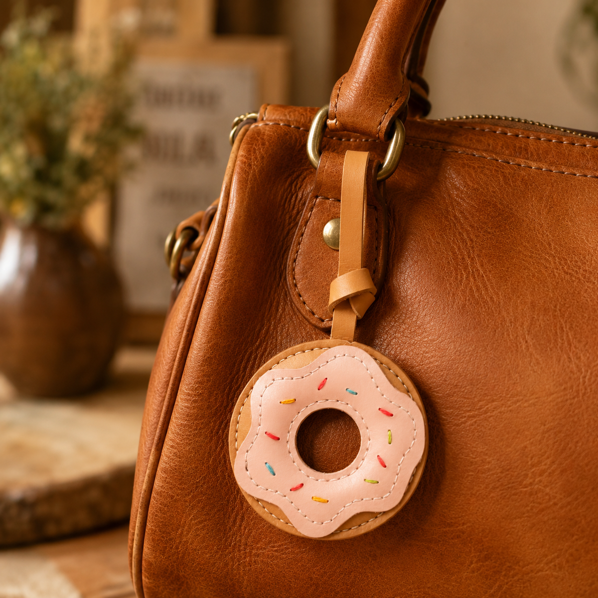 Donut vegan leather bag charm, handmade by Craftelly