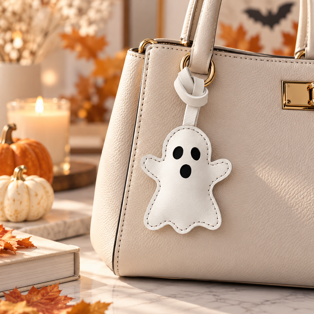 Halloween Ghost vegan leather bag charm, handmade by Craftelly