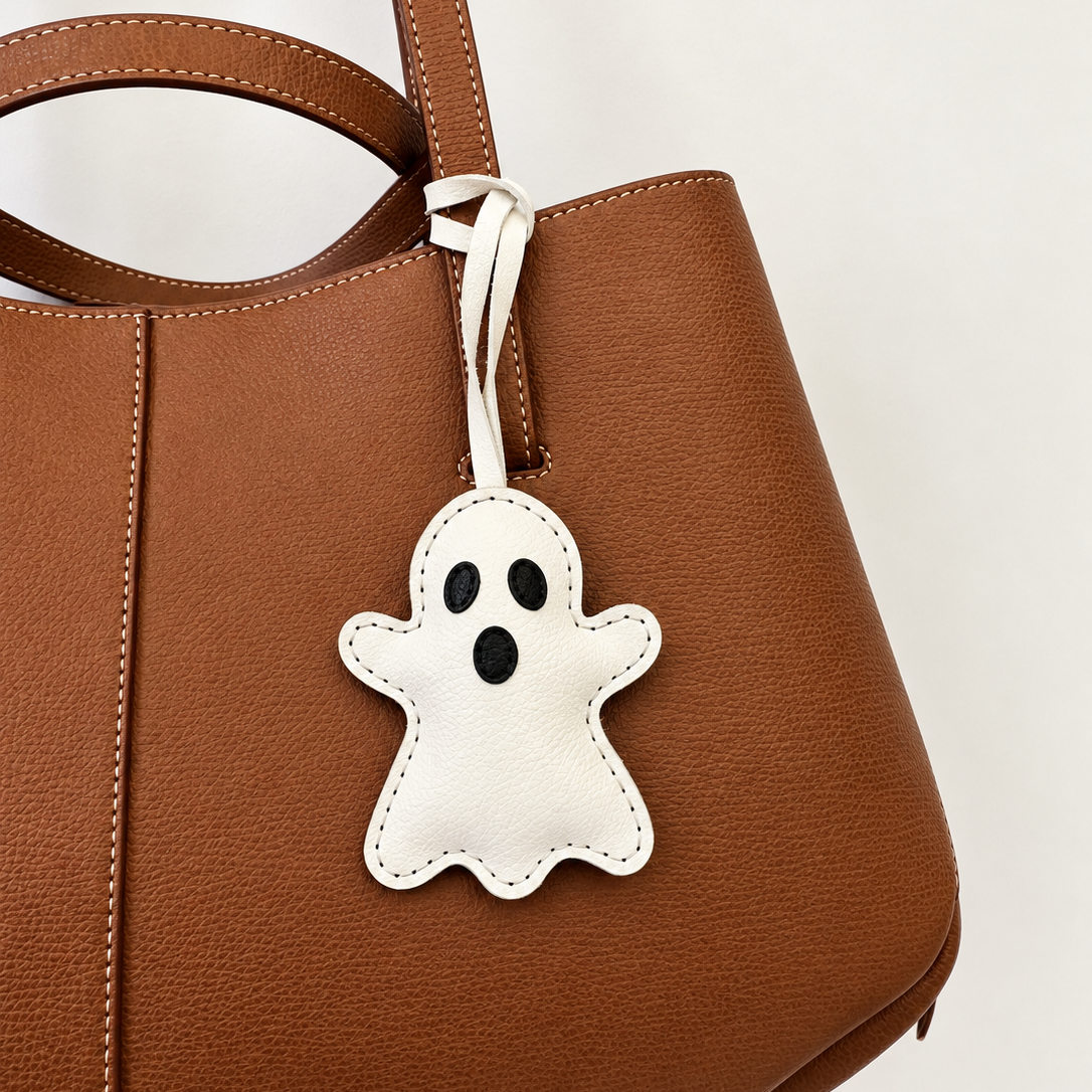 Halloween Ghost vegan leather bag charm, handmade by Craftelly