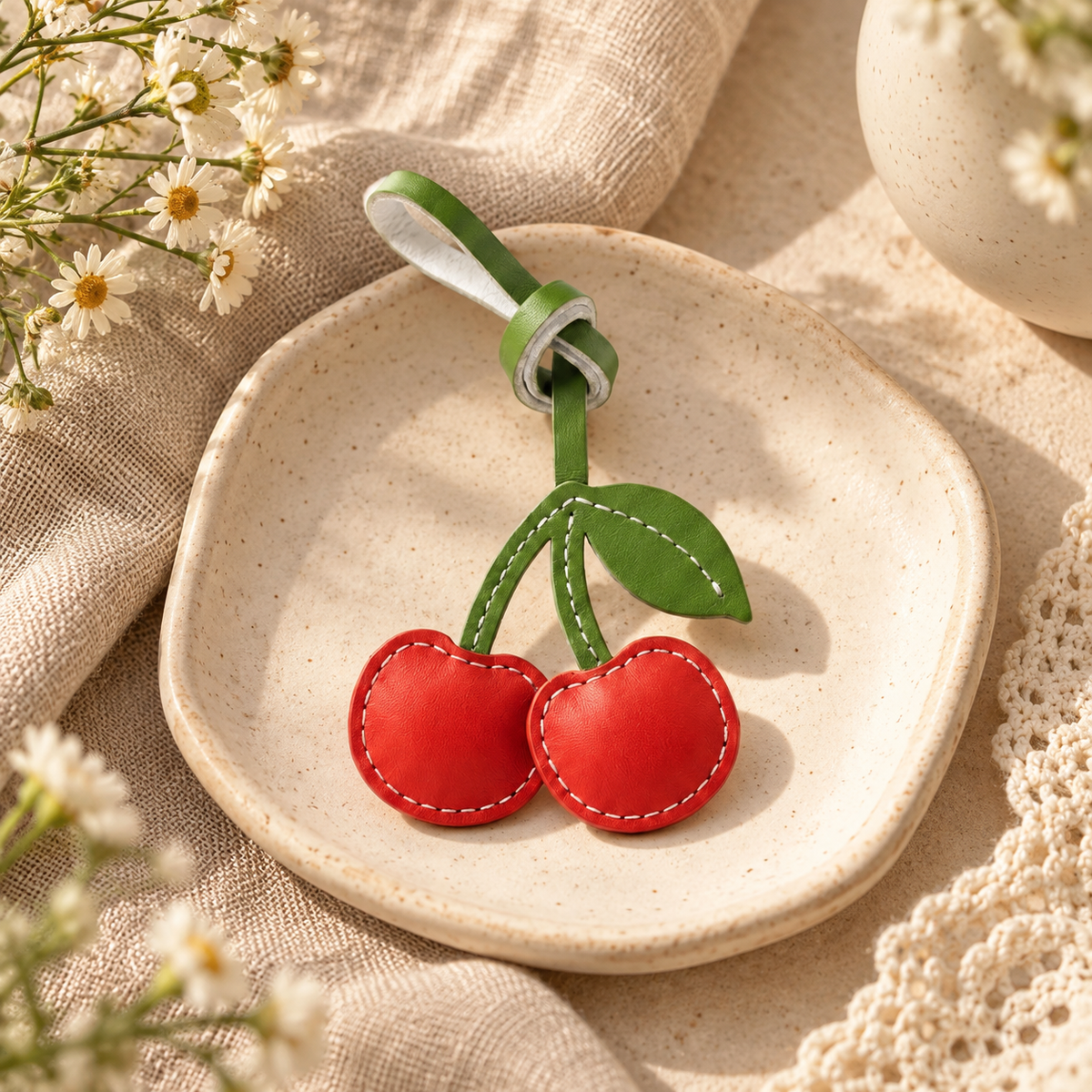 Cherry vegan leather bag charm, handmade by Craftelly