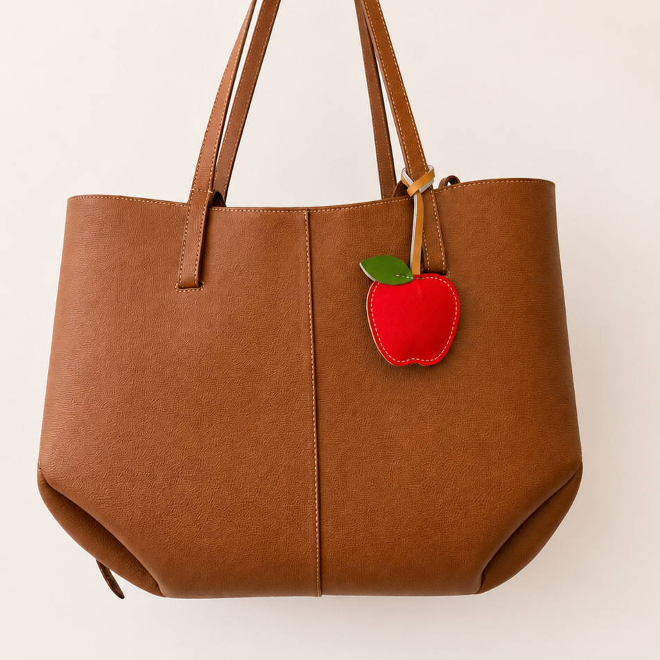 Apple vegan leather bag charm, handmade by Craftelly
