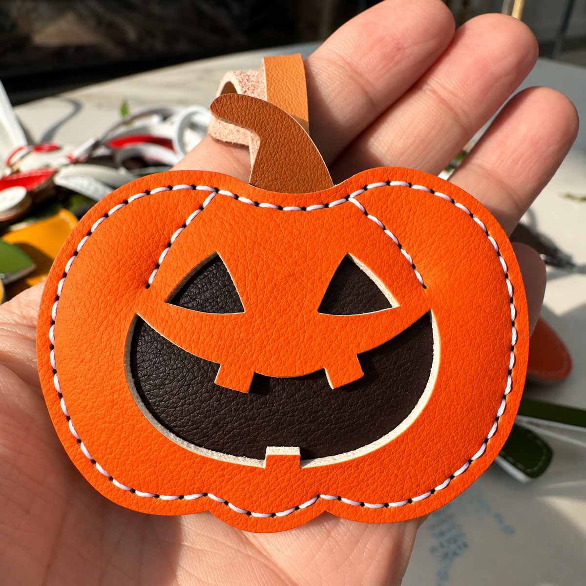 Halloween Pumpkin vegan leather bag charm, handmade by Craftelly
