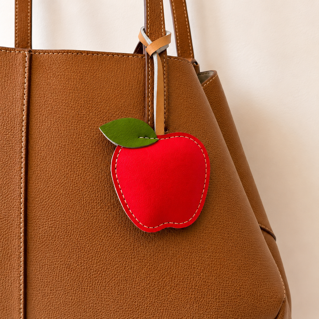 Apple vegan leather bag charm, handmade by Craftelly