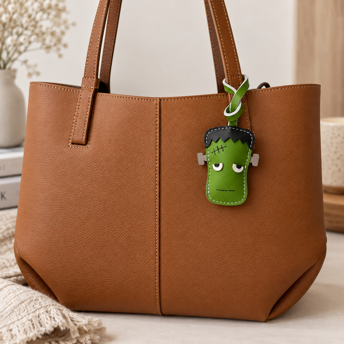 Green Monster Frankenstein vegan leather bag charm, handmade by Craftelly