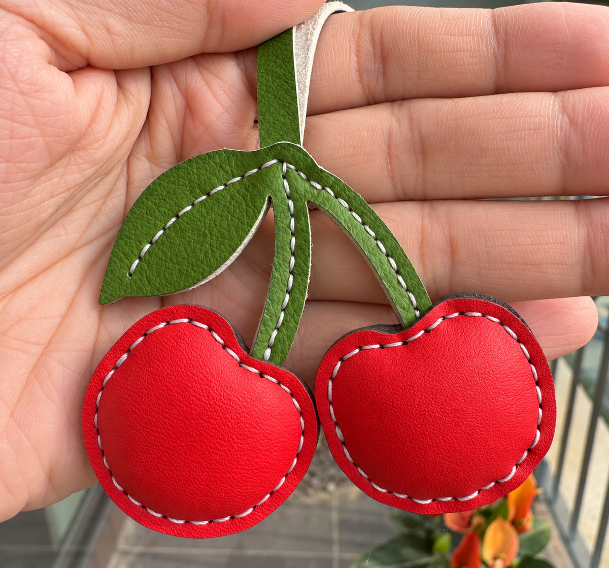 Cherry vegan leather bag charm, handmade by Craftelly