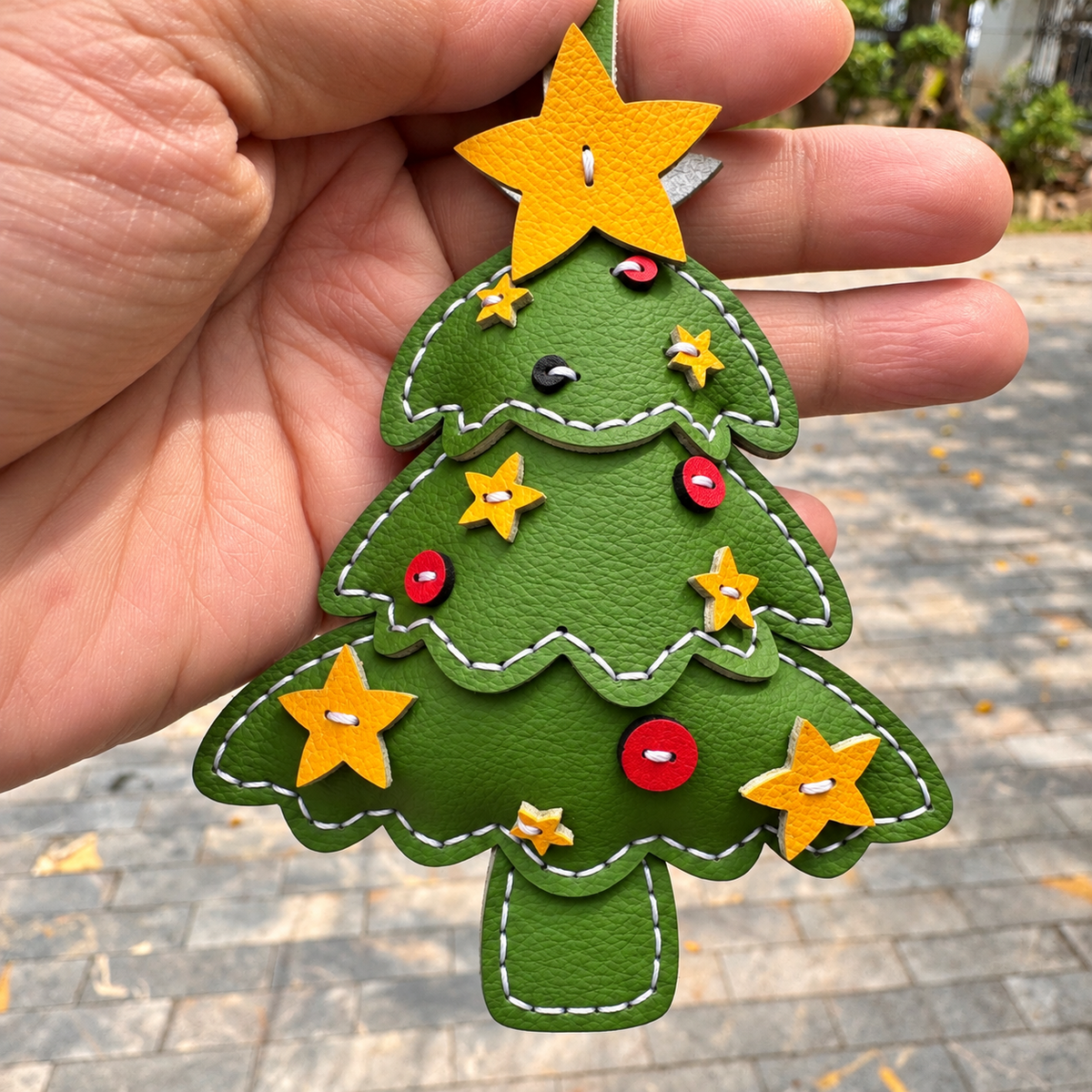 Christmas Tree vegan leather bag charm, handmade by Craftelly