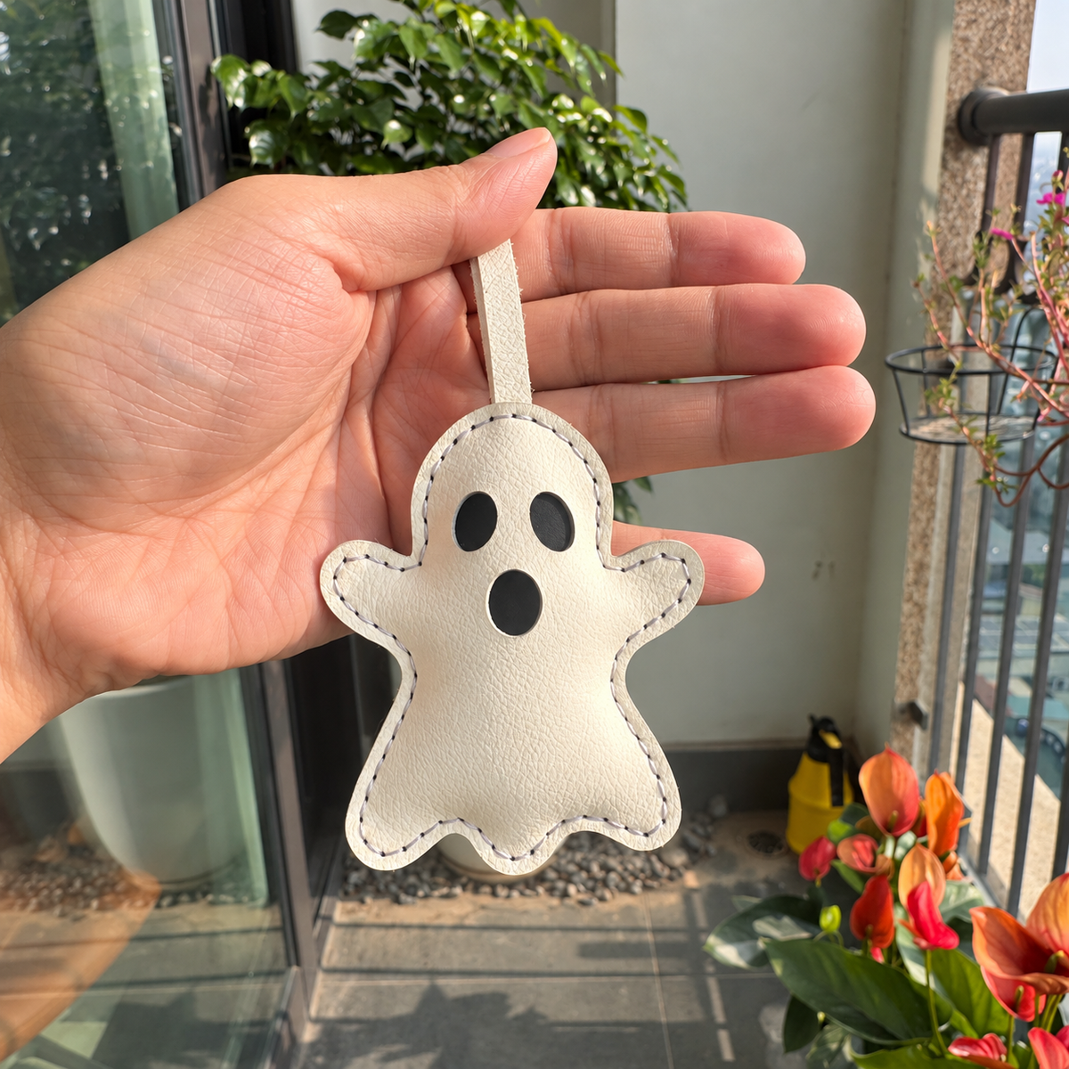 Halloween Ghost vegan leather bag charm, handmade by Craftelly