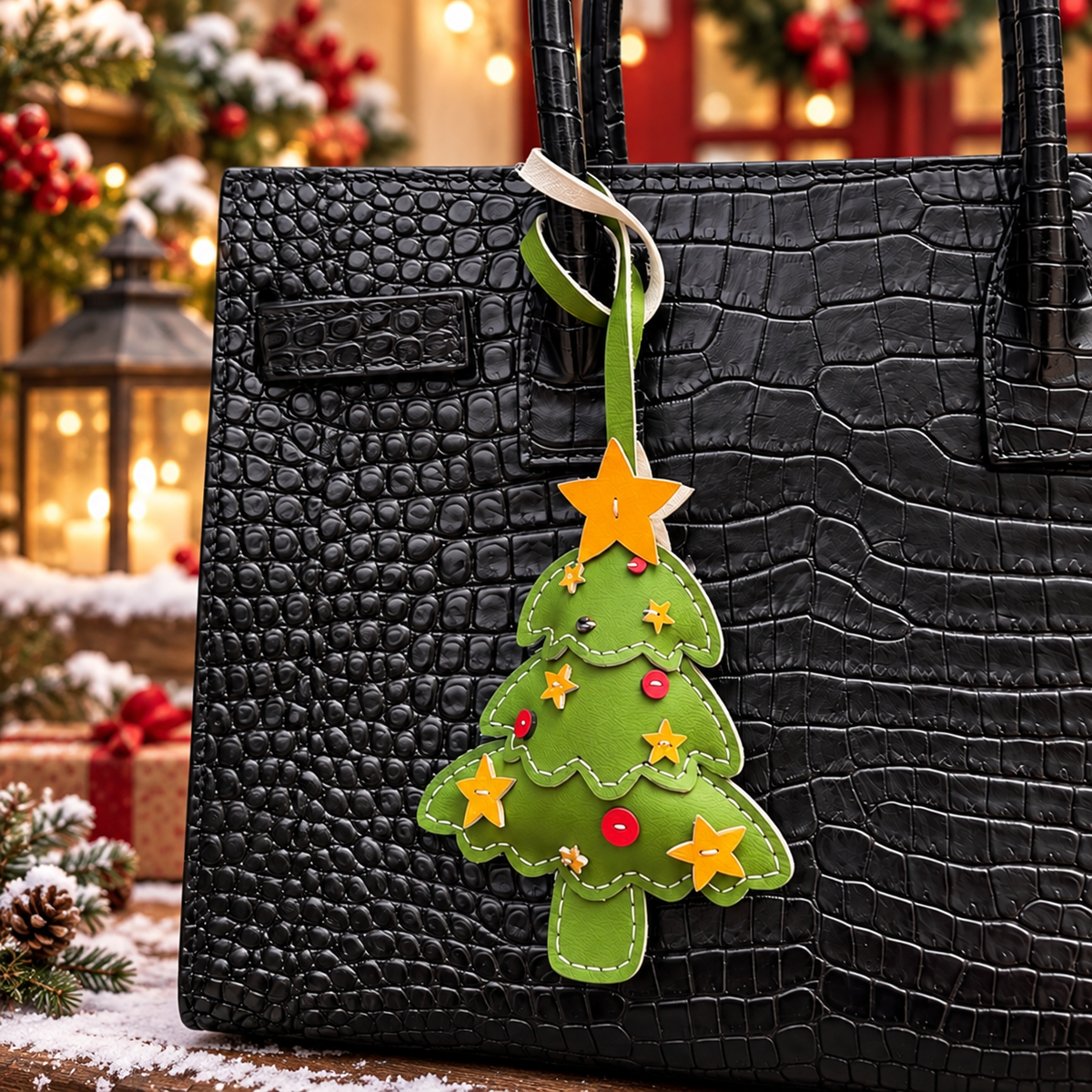 Christmas Tree vegan leather bag charm, handmade by Craftelly
