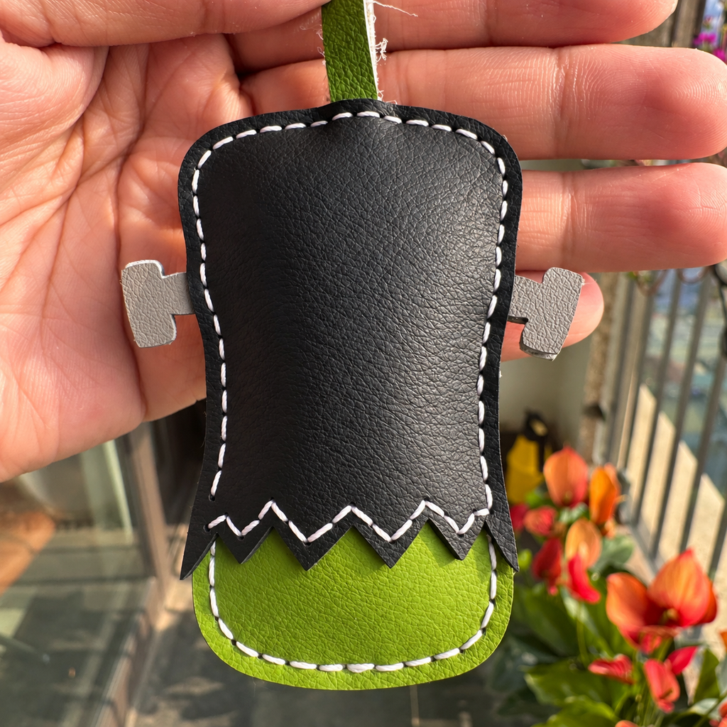 Green Monster Frankenstein vegan leather bag charm, handmade by Craftelly
