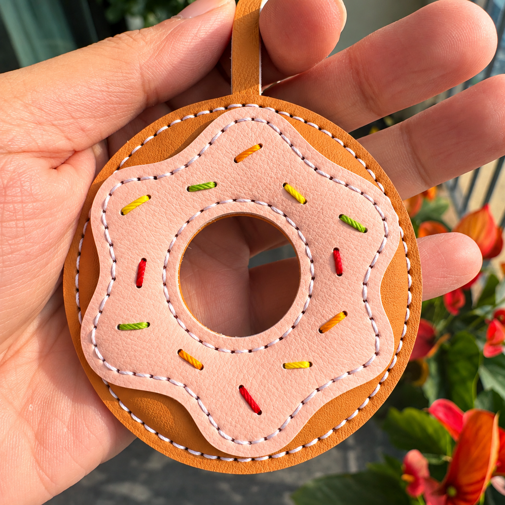 Donut vegan leather bag charm, handmade by Craftelly