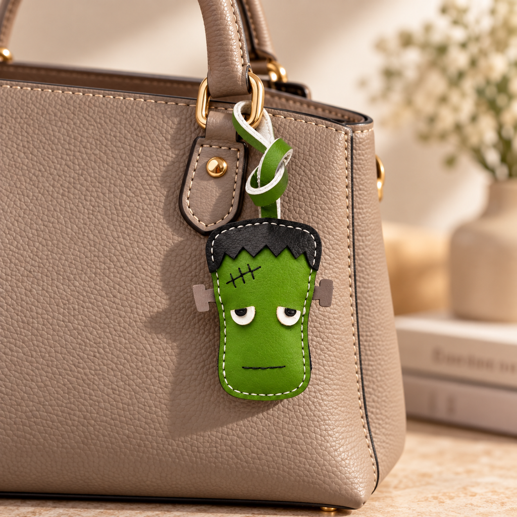 Green Monster Frankenstein vegan leather bag charm, handmade by Craftelly