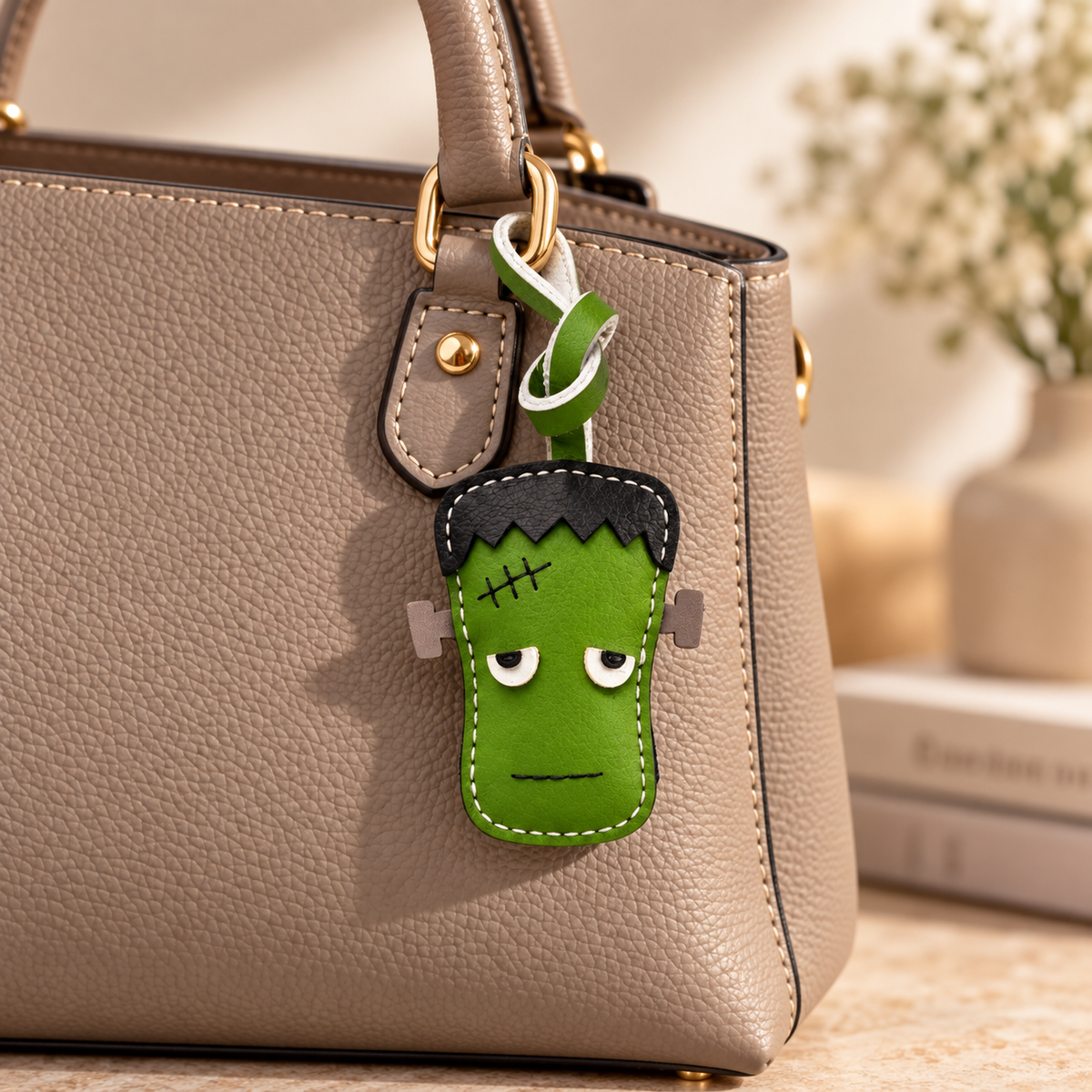Green Monster Frankenstein vegan leather bag charm, handmade by Craftelly