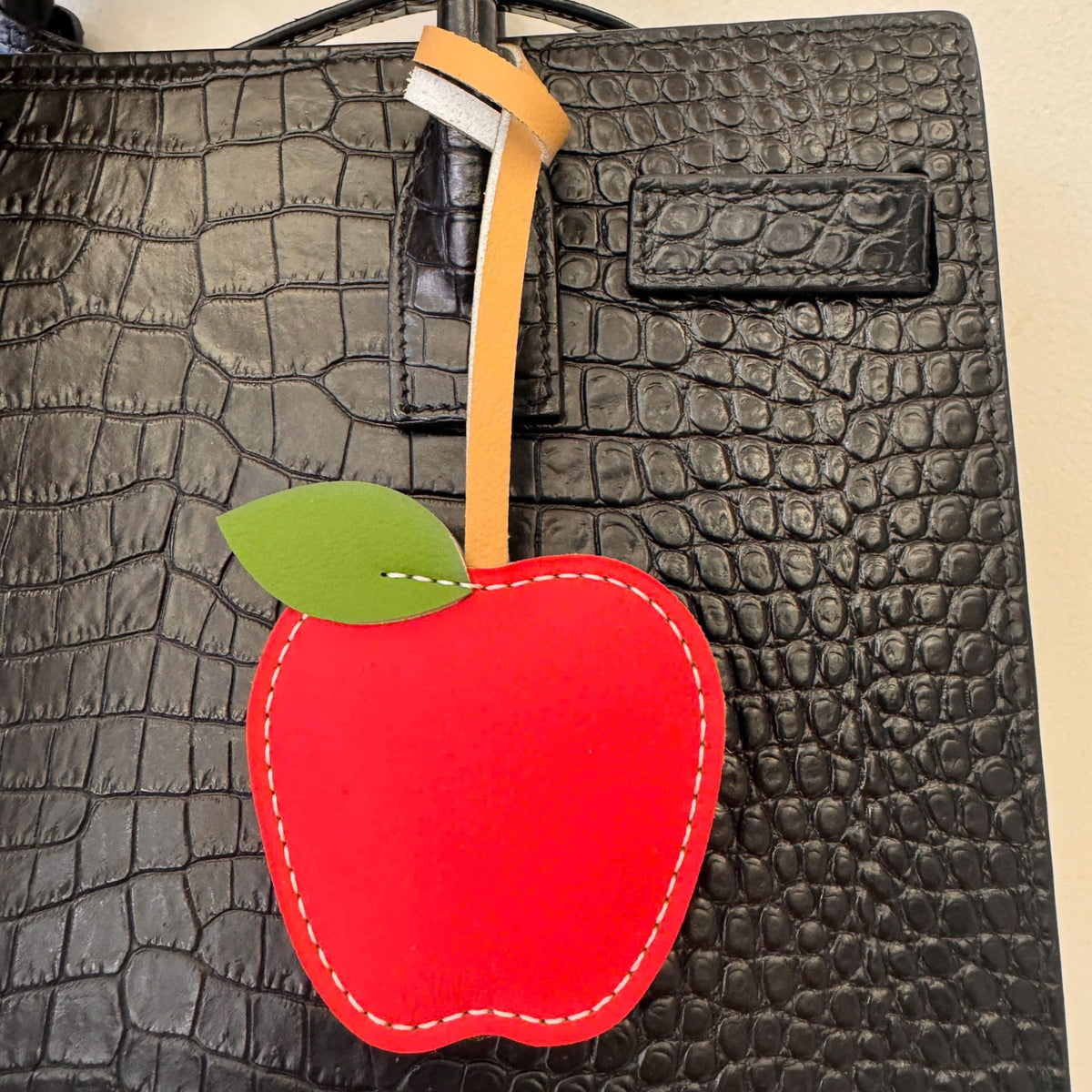 Apple vegan leather bag charm, handmade by Craftelly
