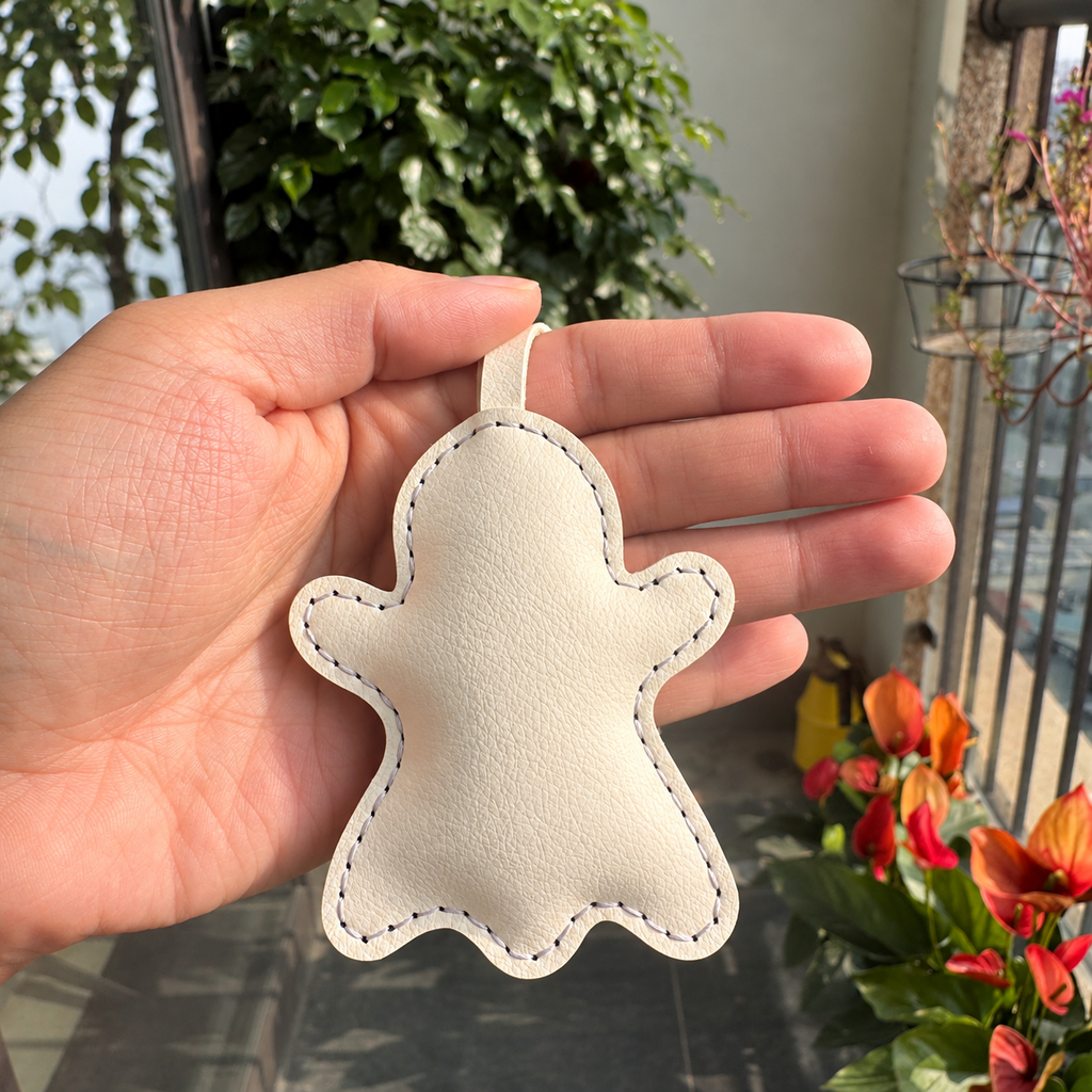 Halloween Ghost vegan leather bag charm, handmade by Craftelly