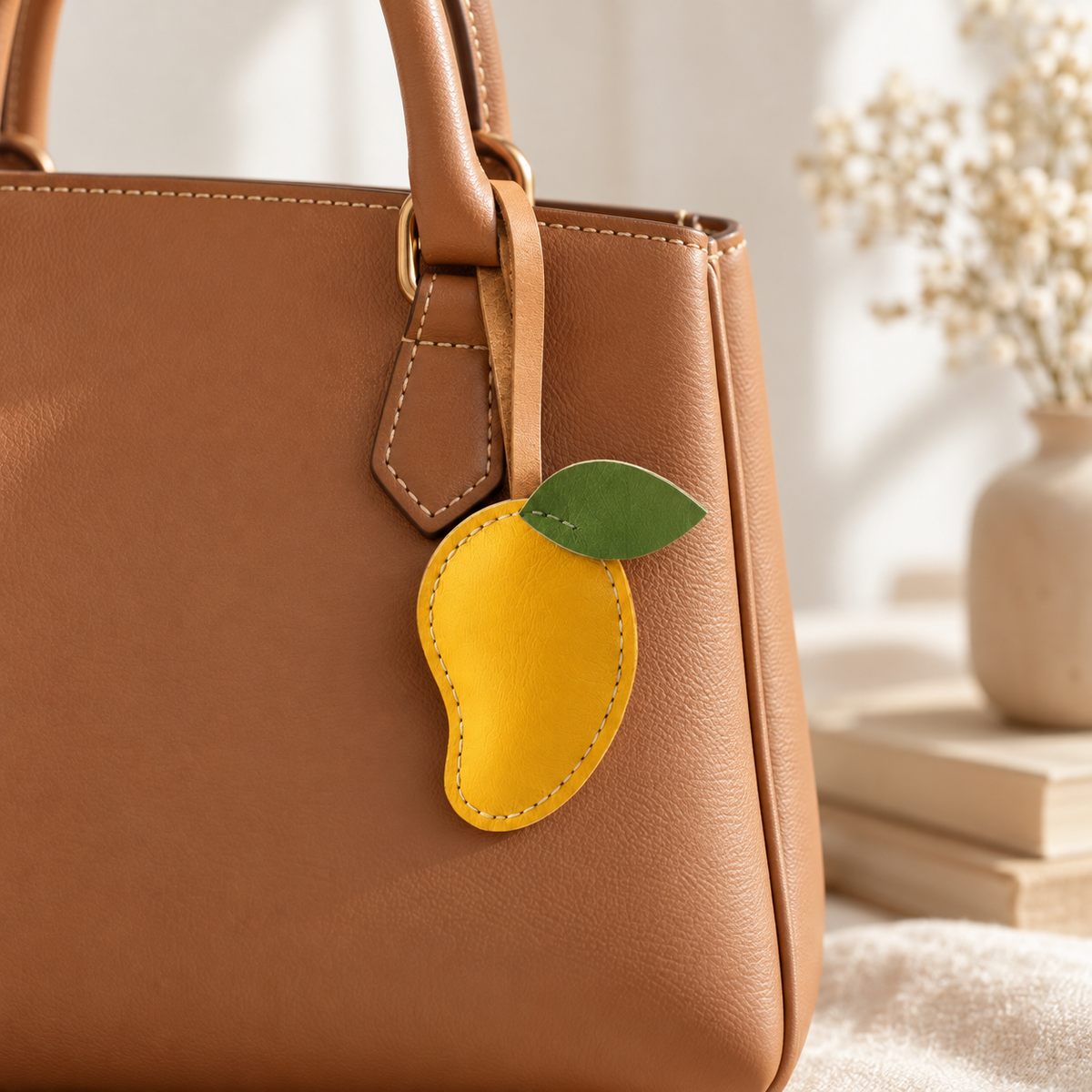 Mango vegan leather bag charm, handmade by Craftelly