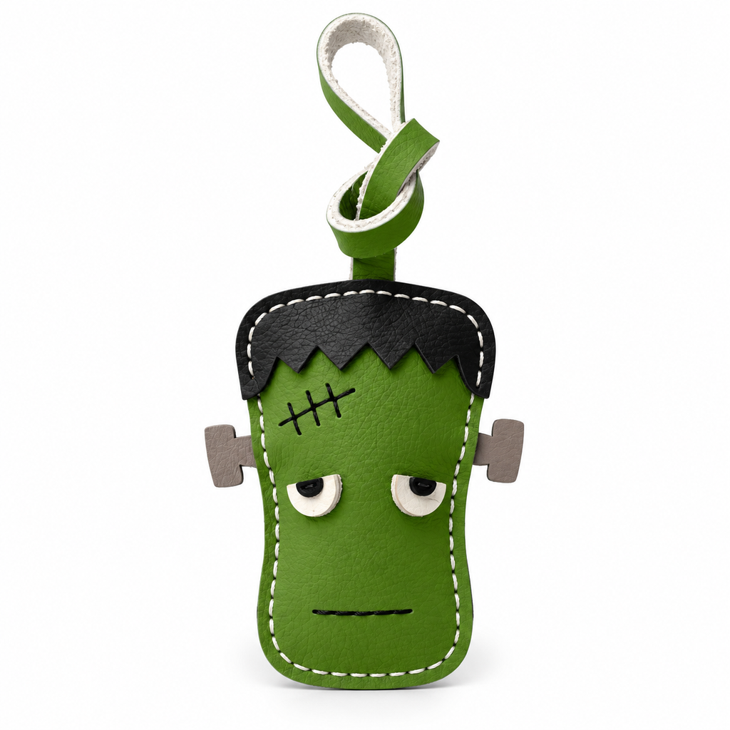 Green Monster Frankenstein vegan leather bag charm, handmade by Craftelly