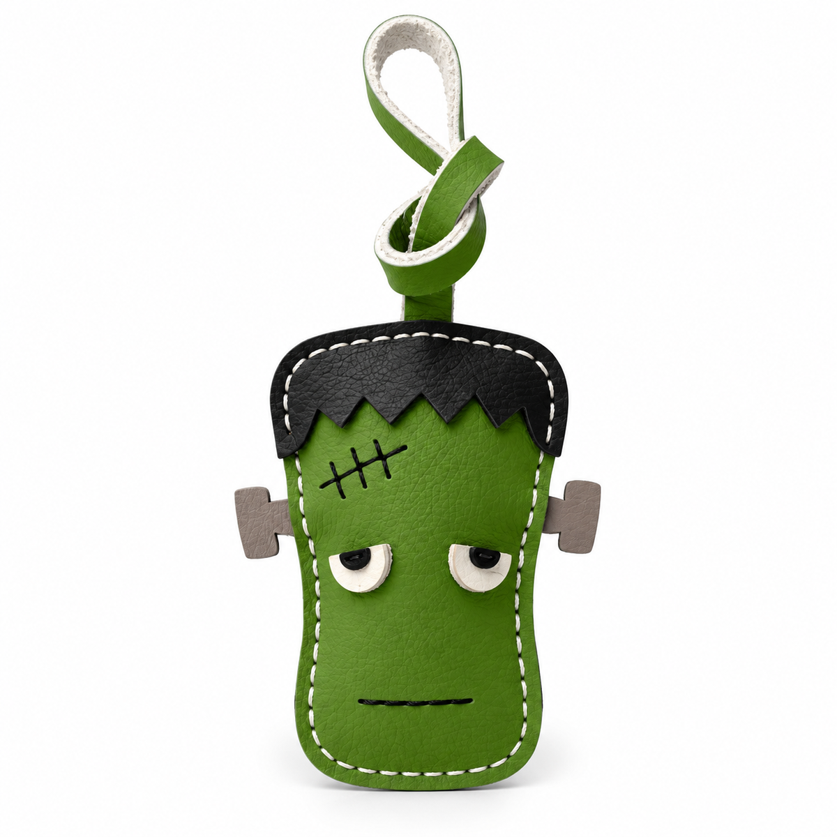 Green Monster Frankenstein vegan leather bag charm, handmade by Craftelly