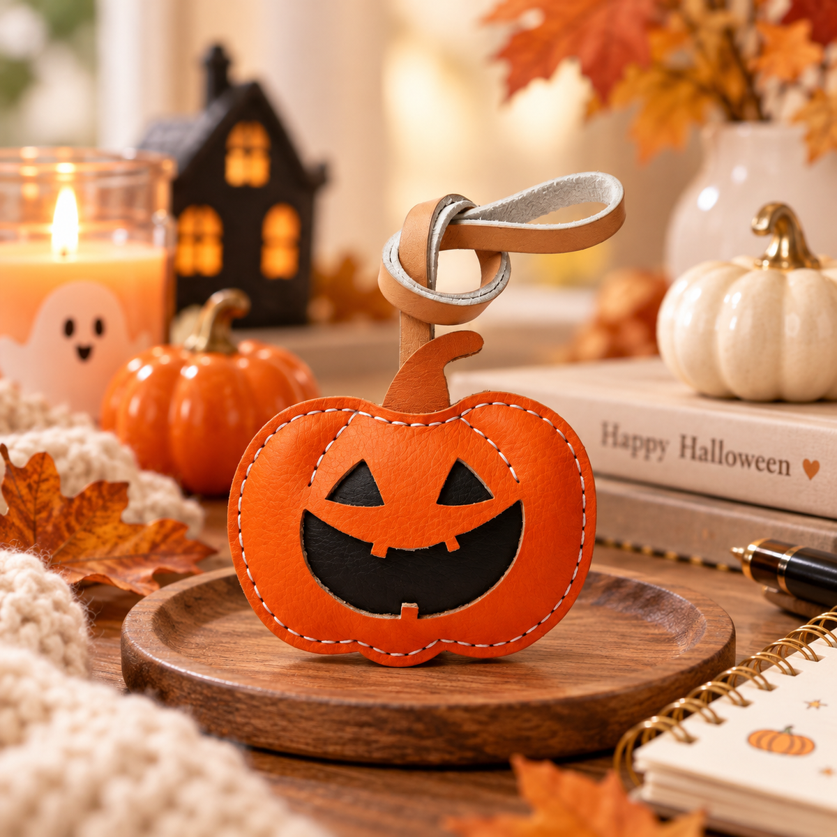 Halloween Pumpkin vegan leather bag charm, handmade by Craftelly
