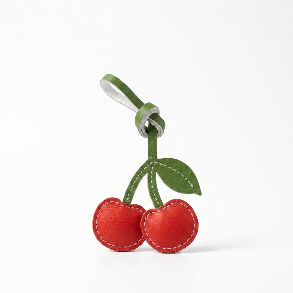 Cherry vegan leather bag charm, handmade by Craftelly